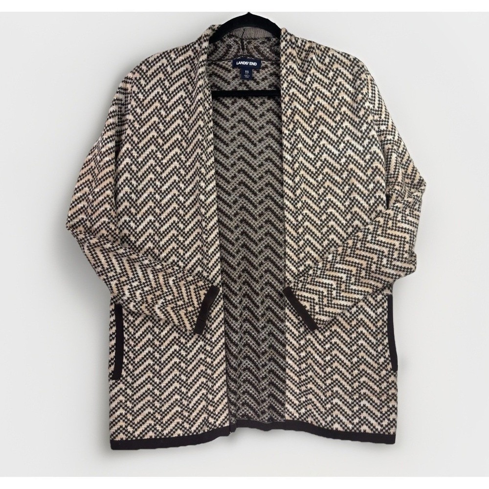Lands End Cardigan Sweater Womens XS Brown Tan Chevron Zigzag Open Front Cotton